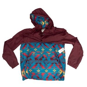 Urban Republic Red and Blue Raincoat with Hood and Geometric Pattern